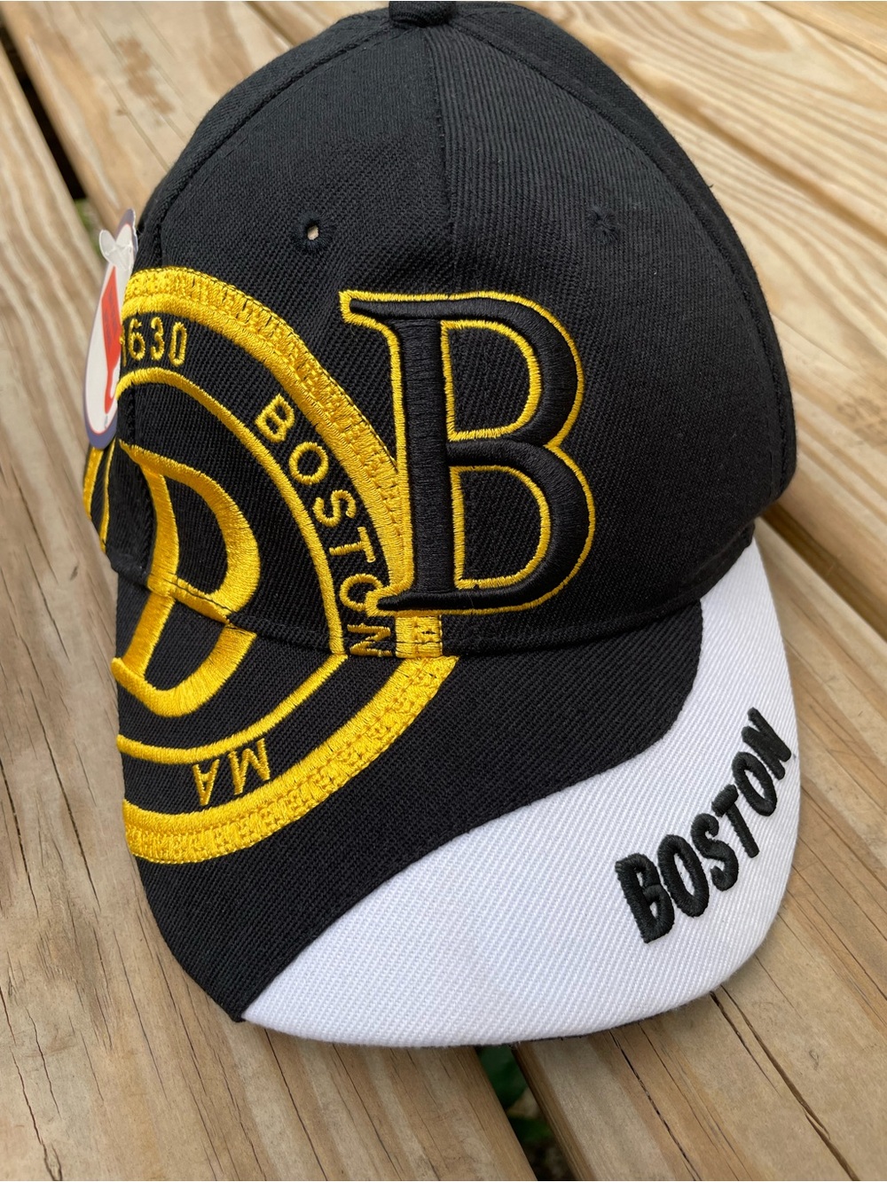 Black & White Boston Hat with Yellow Embroidered Accents, adjustable